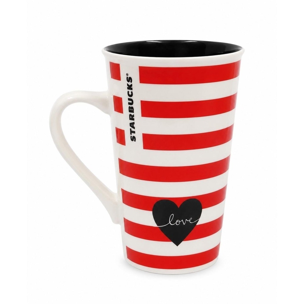 Starbucks 2017 Love Red White Striped 16 oz Latte Coffee Mug Black Heart EUC